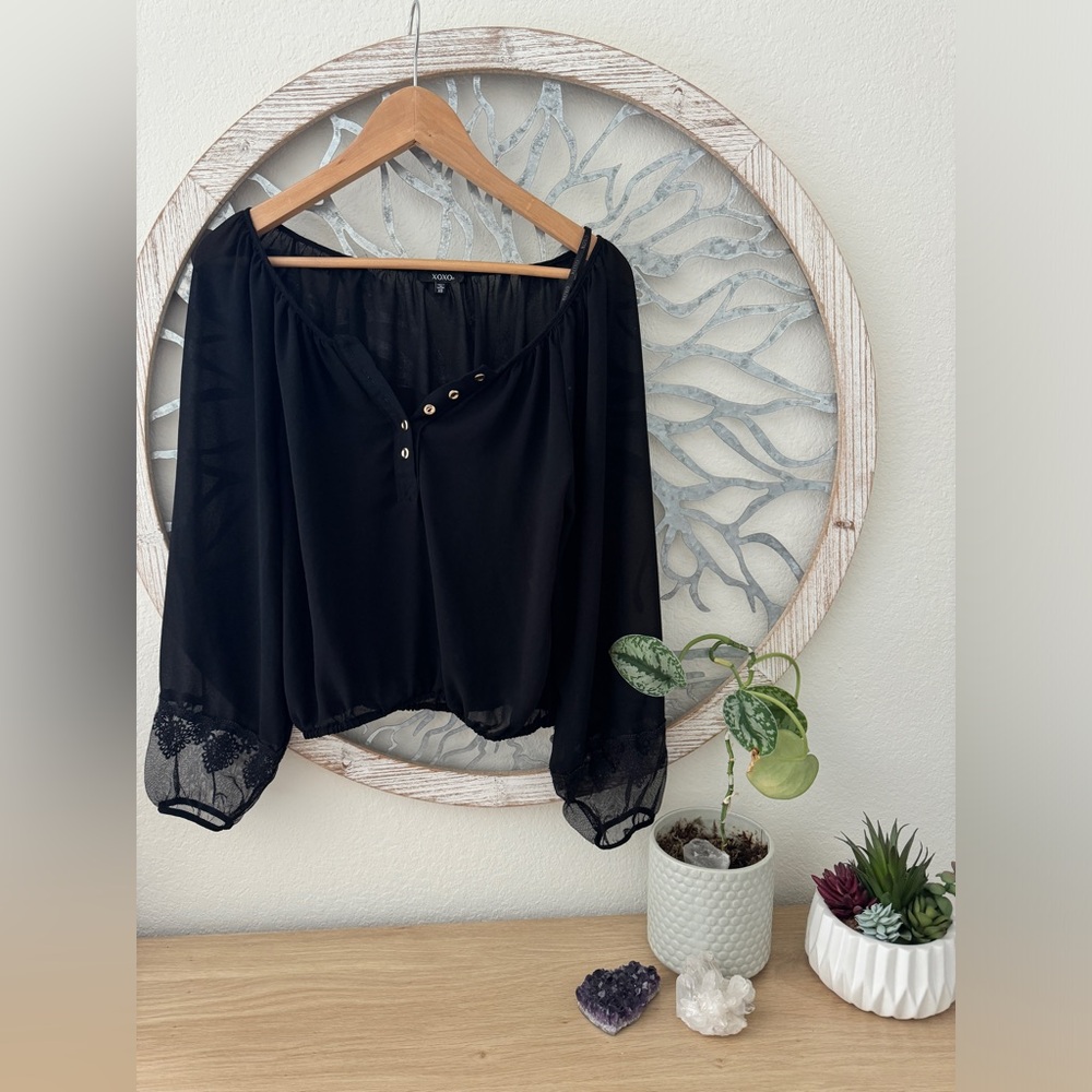XOXO Women’s Boho Long Sleeve Blouse/Sheer Top. Size XS. Black, gold buttons.